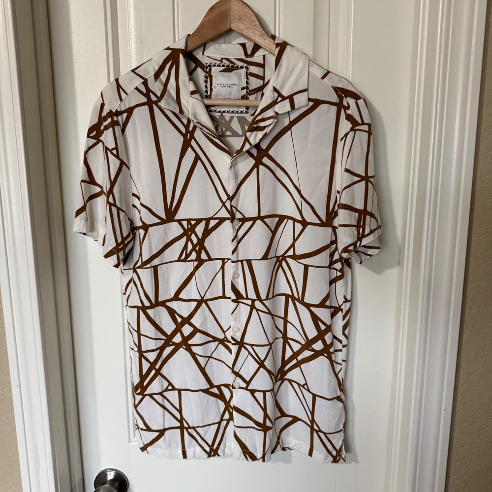 Denim & Flower Button Down Mens L White Brown Excellent Geometric Viscose Shirt - Picture 2 of 8